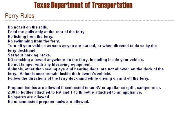 Ferry Rules, Galveston-Bolivar Ferry